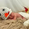 newborn, baby, sleeping, infant, portrait, crocheted_hat, chicken_costume, orange_beak, red_comb, white_feathers, fluffy_blanket, furry_blanket, baby_photography, studio, closeup, peaceful, animal_costume, lying_down, soft_lighting, cute