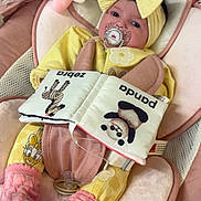 Ivy-Rose is registered to the contest to win money with this photo: baby, pacifier, headband, yellow_clothing, pink_socks, plush_toy, soft_book, panda, zebra, baby_seat, blanket, cartoon_character, cute, infant, indoors, child, comfort, resting, smiling_toy, cozy