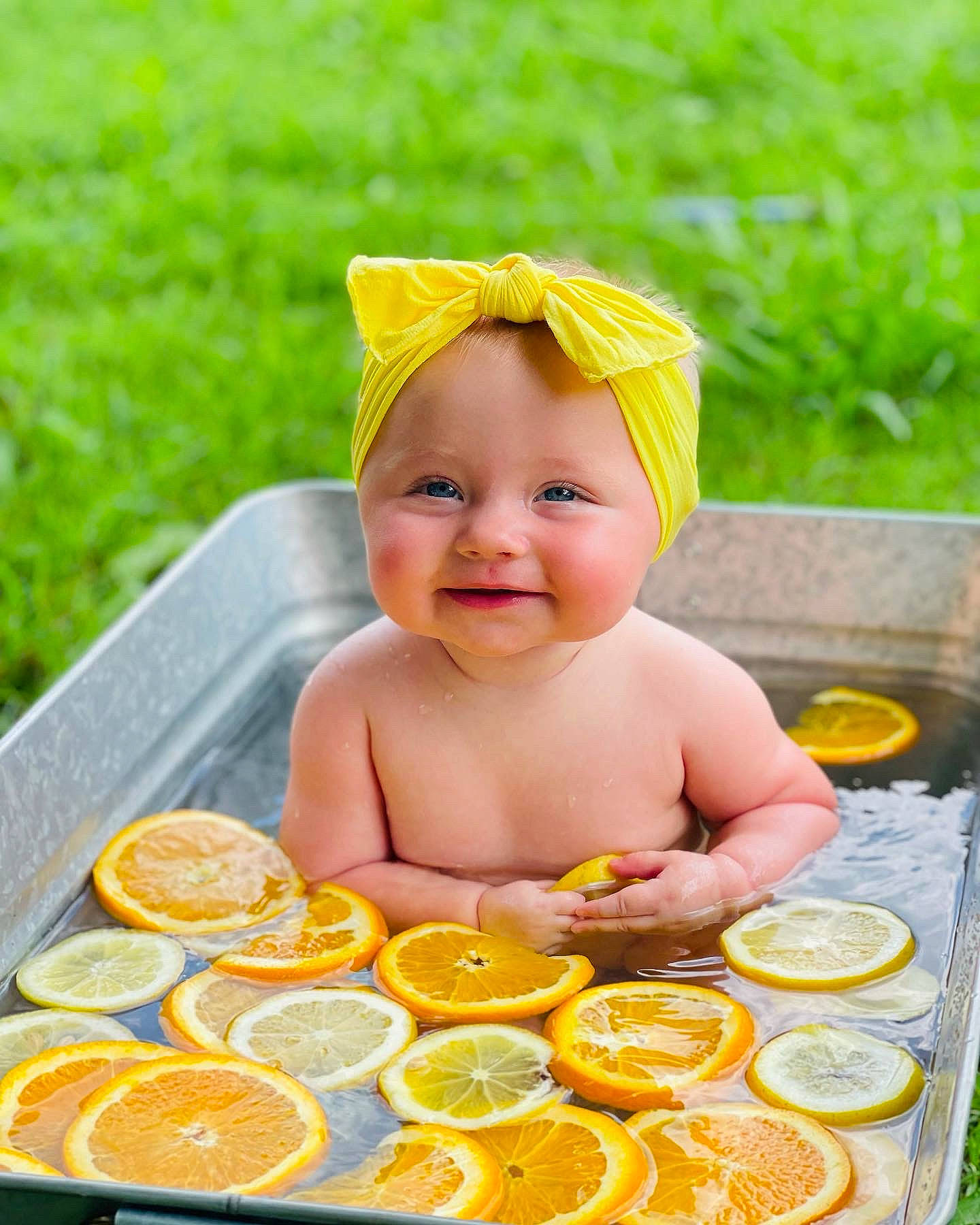 Brynleigh is registered to the contest to win money with this photo: baby, baby_toddler_clothing, citrus, clementine, face, food, grass, happy, ingredient, joy, leaf, leisure, orange, people_in_nature, person, rangpur, smile, sweetness, tableware, toddler
