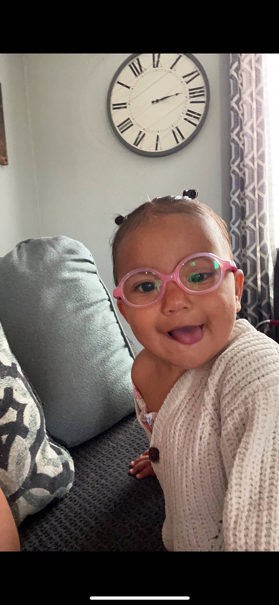 Kaisley joined the competition — help win amazing prizes! baby_toddler_clothing, cheek, chin, clock, comfort, eyebrow, eyewear, face, fun, glasses, happy, head, joy, lip, mouth, nose, person, quartz_clock, skin, smile