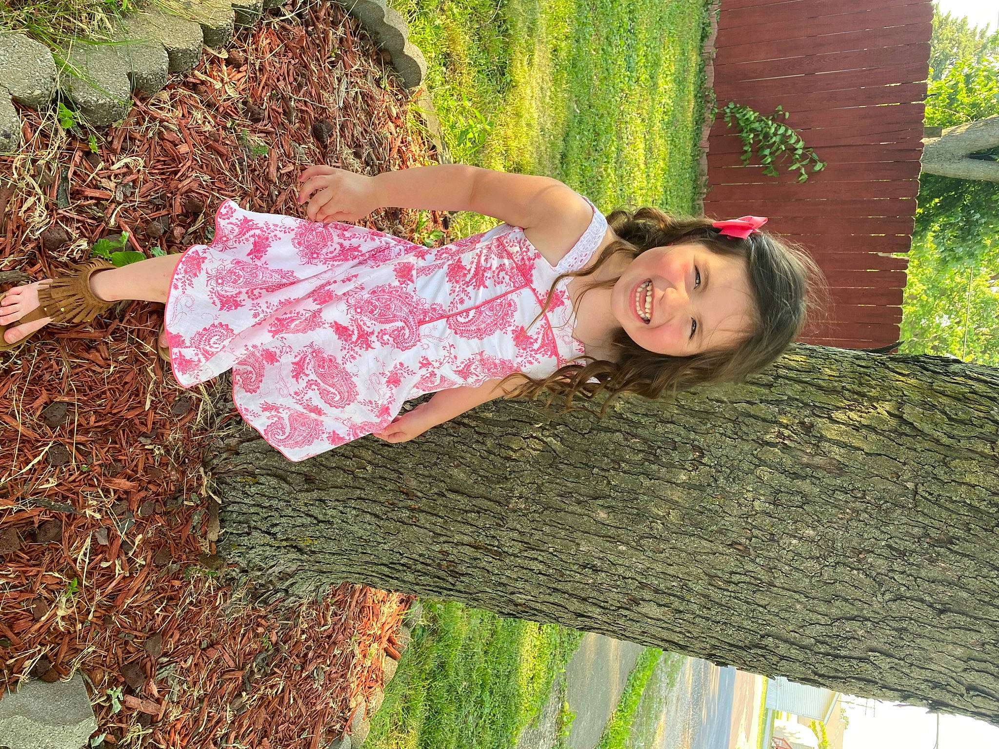 Emalyn joined the competition — help win amazing prizes! baby_toddler_clothing, botany, child, day_dress, fun, garden, grass, grass_family, green, happy, joy, leaf, leisure, magenta, pattern, people_in_nature, person, plant, toddler, tree