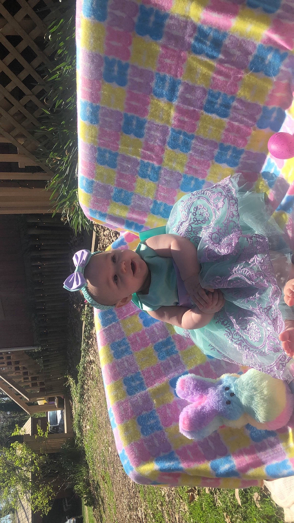 Ellianna is registered to the contest to win money with this photo: baby, baby_toddler_clothing, child, fun, happy, leisure, linens, magenta, pattern, person, pink, plaid, plant, play, purple, t_shirt, tartan, textile, toddler, tree