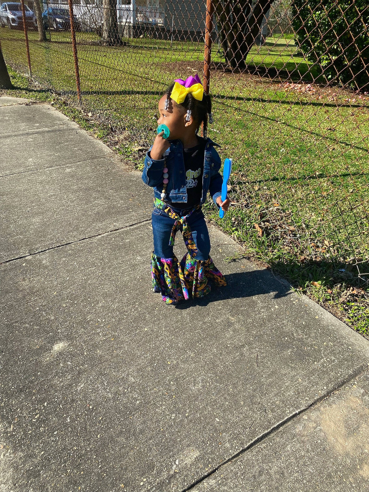 Daenerys is registered to the contest to win money with this photo: asphalt, automotive_wheel_system, baby_carriage, bicycle_accessory, cycling, electric_blue, fence, grass, headgear, helmet, mesh, person, plant, road_surface, rolling, sidewalk, tire, toddler, tree, wheel