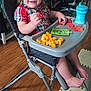 Oliver joined the competition — help win amazing prizes! toddler, high_chair, snack, food, water_bottle, indoor, wooden_floor, plaid_shirt, smile, happy, child, person, feet, table, seat, plastic_bottle, playful, face, hair, casual