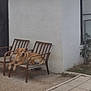 animal, backyard, bench, canine, daytime, dog, fence, grass, house, nature, outdoor, patio, pet, quiet, relaxed, resting, seat, tile_floor, white_wall, wooden_bench