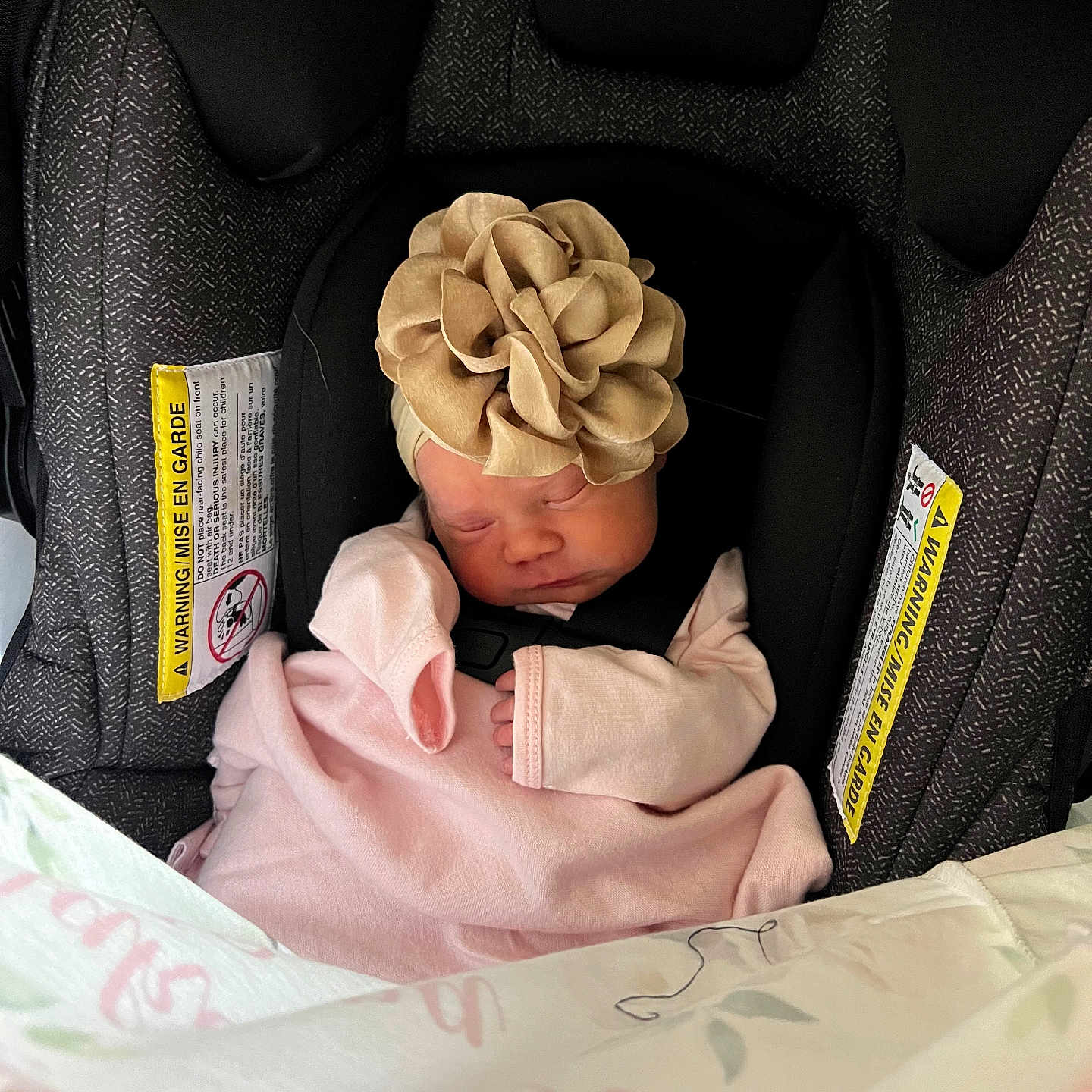 Makenna Jo is registered to the contest to win money with this photo: adorable, baby, blanket, car_seat, child, cute, fabric, flower_headband, headwear, indoors, infant, newborn, peaceful, pink_clothing, portrait, resting, safety_harness, sleeping, soft_lighting, wrapped