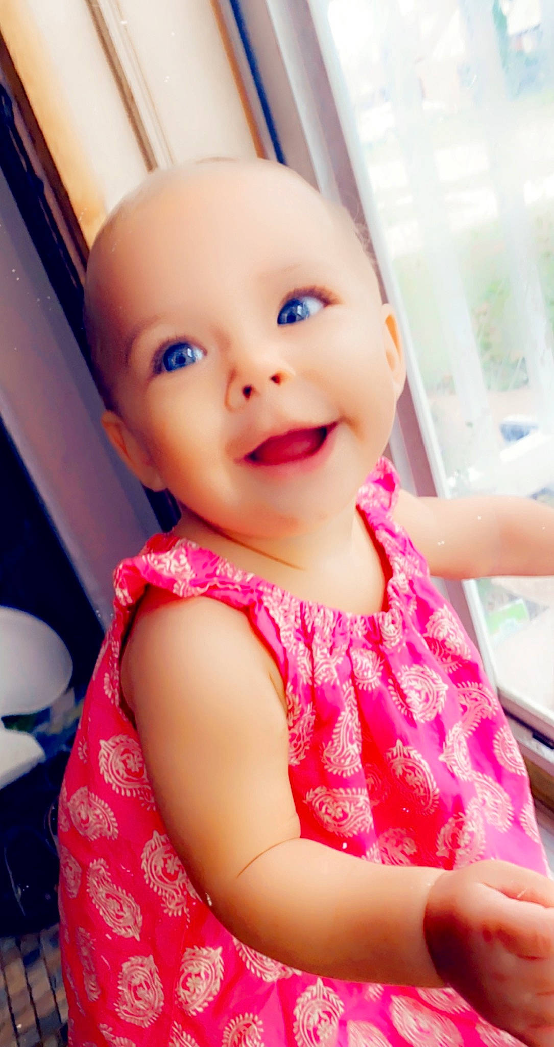 Avangeline joined the competition — help win amazing prizes! baby, baby_toddler_clothing, cheek, child, dress, eyelash, fashion_accessory, fun, happy, iris, magenta, neck, nose, person, pink, skin, sleeve, smile, t_shirt, thumb
