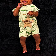 Ropyr is registered to the contest to win money with this photo: baby, infant, three_months, crocodile_print, romper, black_blanket, smiling, happy, cute, lying_down, child, person, skin, hand, foot, clothing, young, indoors, portrait, playful