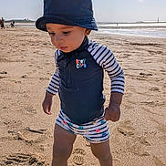 Alexis participe au concours pour gagner de l'argent avec cette photo : toddler, child, beach, sand, sunlight, hat, bucket_hat, swimsuit, striped_clothing, footprints, water, sea, outdoor, summer, walking, shoes, sunny, sky, person, baby_clothes