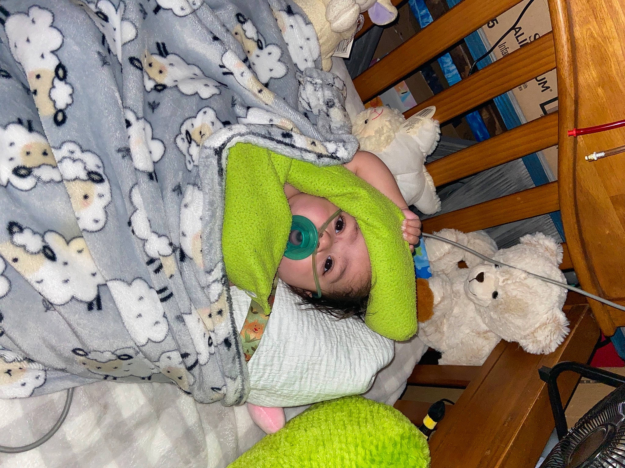 Corbyn is registered to the contest to win money with this photo: baby, baby_products, bed, child, comfort, fun, hat, leisure, linens, pattern, person, plush, room, stuffed_toy, sun_hat, sunglasses, t_shirt, toddler, toy, wood