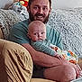 Gunnar is registered to the contest to win money with this photo: adult, baby, beard, blanket, casual_clothing, child, colorful, couch, family, furniture, home, indoor, infant, man, parent, person, portrait, relaxed, seated, smile