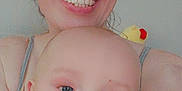 Gunnar joined the competition — help win amazing prizes! baby, child, closeup, cute, eyes, face, family, happy, head, indoor, mouth, parent, person, portrait, rubber_duck, shoulder, skin, smiling, tank_top, woman