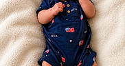 Oliver is registered to the contest to win money with this photo: baby, infant, onesie, blue_clothing, american_flag, usa_text, blanket, white_blanket, cute, lying_down, small_hands, small_feet, portrait, indoor, soft_texture, child, newborn, skin, expression, face
