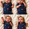 baby, infant, child, onesie, blue_clothing, american_flag, pattern, blanket, soft_texture, cute, portrait, laying_down, expressive_face, small_hands, indoor, comfortable, newborn, person, photography, adorable
