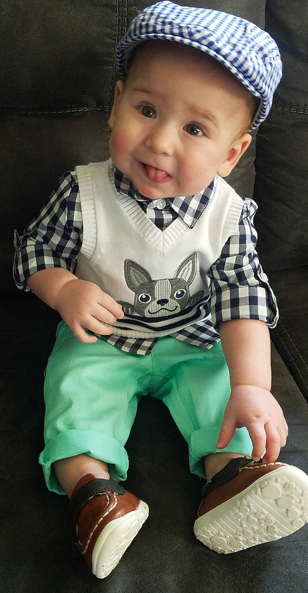 Crimson is registered to the contest to win money with this photo: baby, baby_products, baby_toddler_clothing, child, child_model, cool, headwear, leg, person, product, shoe, sitting, sleeve, smile, toddler