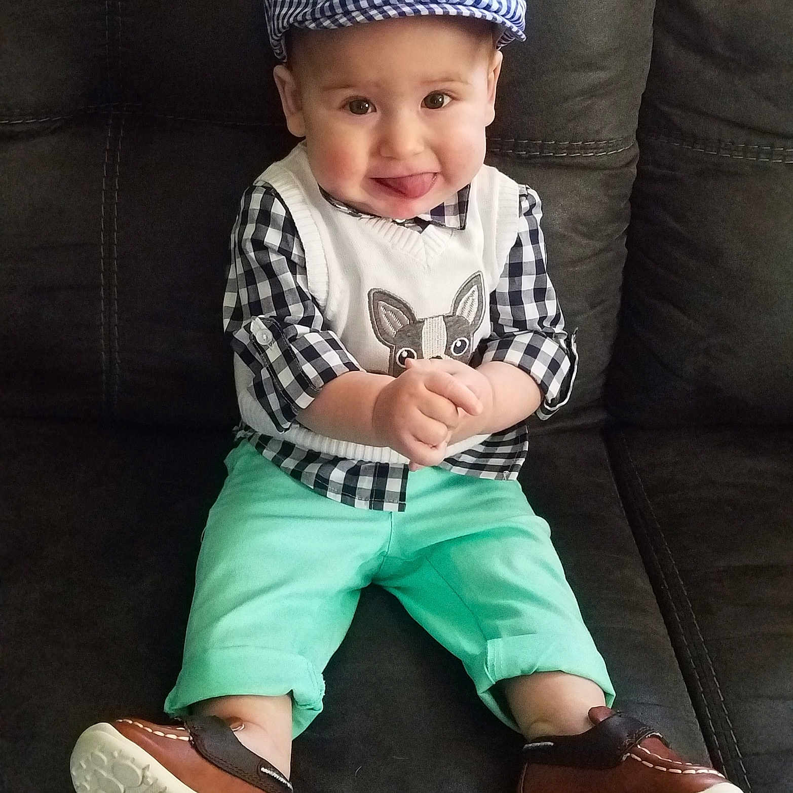 Crimson joined the competition — help win amazing prizes! baby, baby_toddler_clothing, cap, child, child_model, fashion_accessory, footwear, hat, headgear, headwear, person, shoe, sitting, toddler