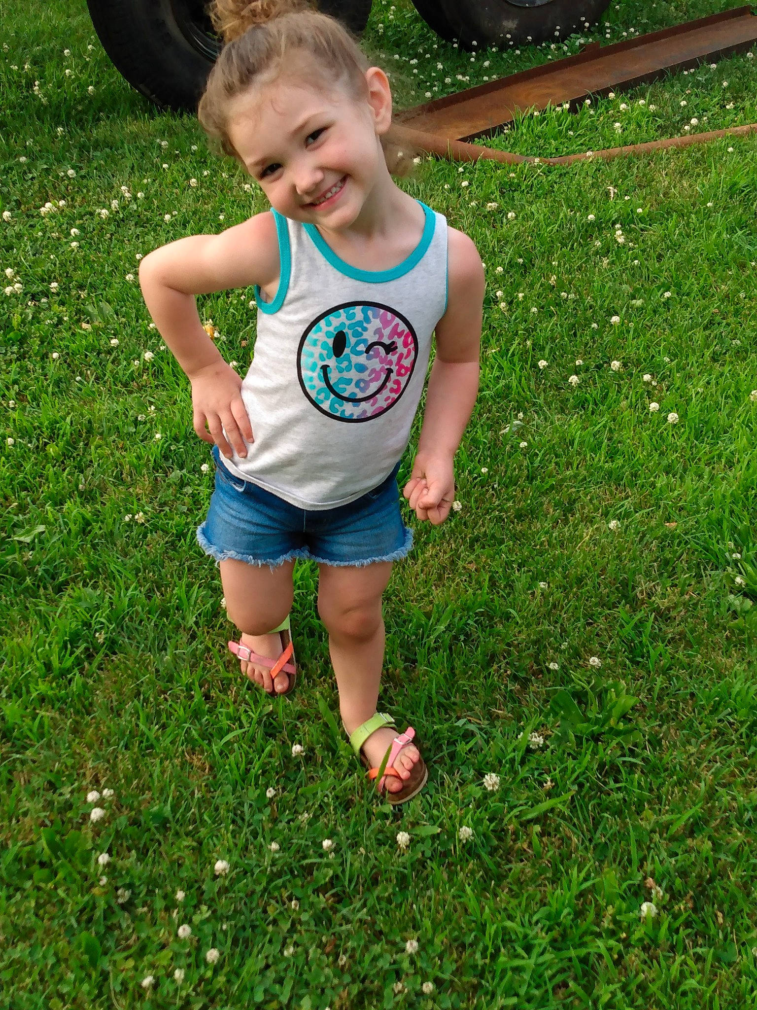Baylee joined the competition — help win amazing prizes! automotive_tire, baby_toddler_clothing, child, fun, grass, groundcover, happy, joy, lawn, leisure, mammal, people_in_nature, person, plant, shorts, smile, summer, t_shirt, tire, toddler