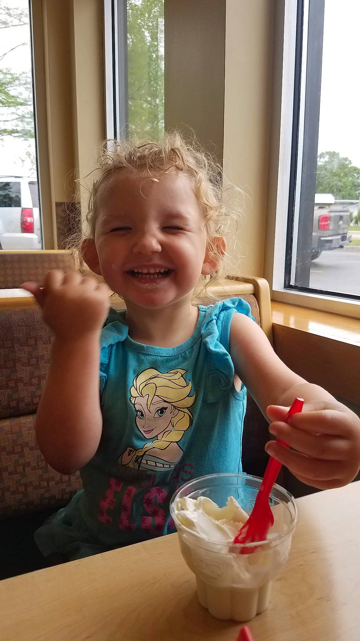 Alaina is registered to the contest to win money with this photo: child, comfort_food, dairy, eating, food, frozen_dessert, ice_cream, joy, person, sundae, toddler