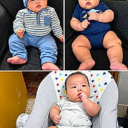 Nixon is registered to the contest to win money with this photo: baby, infant, child, triptych, portrait, sitting, couch, armchair, baby_seat, beanie, blue_clothing, onesie, striped_shirt, smiling, face, indoor, home, furniture, playful, family_photo