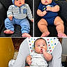 baby, infant, child, triptych, portrait, sitting, couch, armchair, baby_seat, beanie, blue_clothing, onesie, striped_shirt, smiling, face, indoor, home, furniture, playful, family_photo