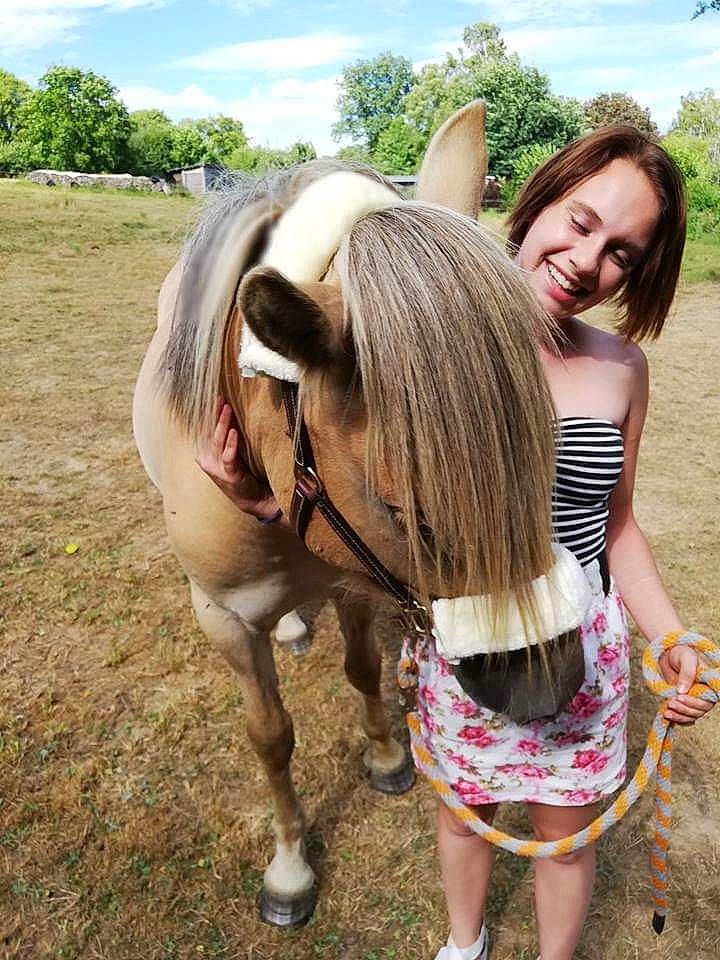 Stitch participe au concours pour gagner de l'argent avec cette photo : bridle, brown_hair, fawn, friendship, fun, grass, hair, happy, horse, horse_supplies, horse_tack, landscape, liver, livestock, long_hair, mane, mare, pony, smile, summer