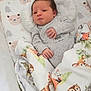 Margaux participe au concours pour gagner de l'argent avec cette photo : newborn, baby, blanket, bedding, animal_print, deer, owl, fox, bear_pattern, pillow, infant, clothing, sleeping_bed, cute, resting, indoors, soft_texture, person, portrait, child