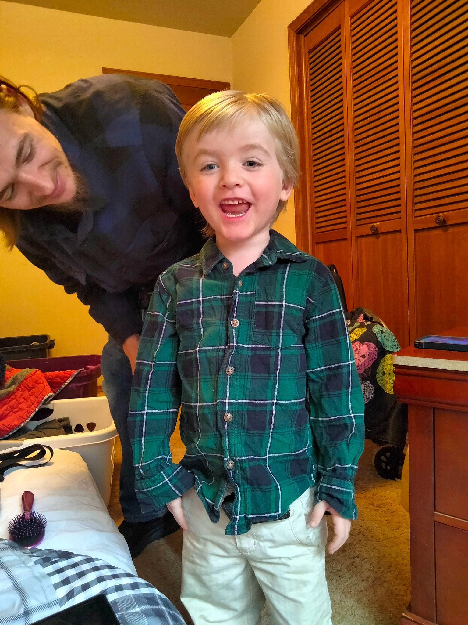 Jazper joined the competition — help win amazing prizes! belt, cabinetry, child, dress_shirt, event, facial_expression, fun, happy, holiday, joy, pattern, person, plaid, room, shoulder, sitting, sleeve, smile, standing, t_shirt