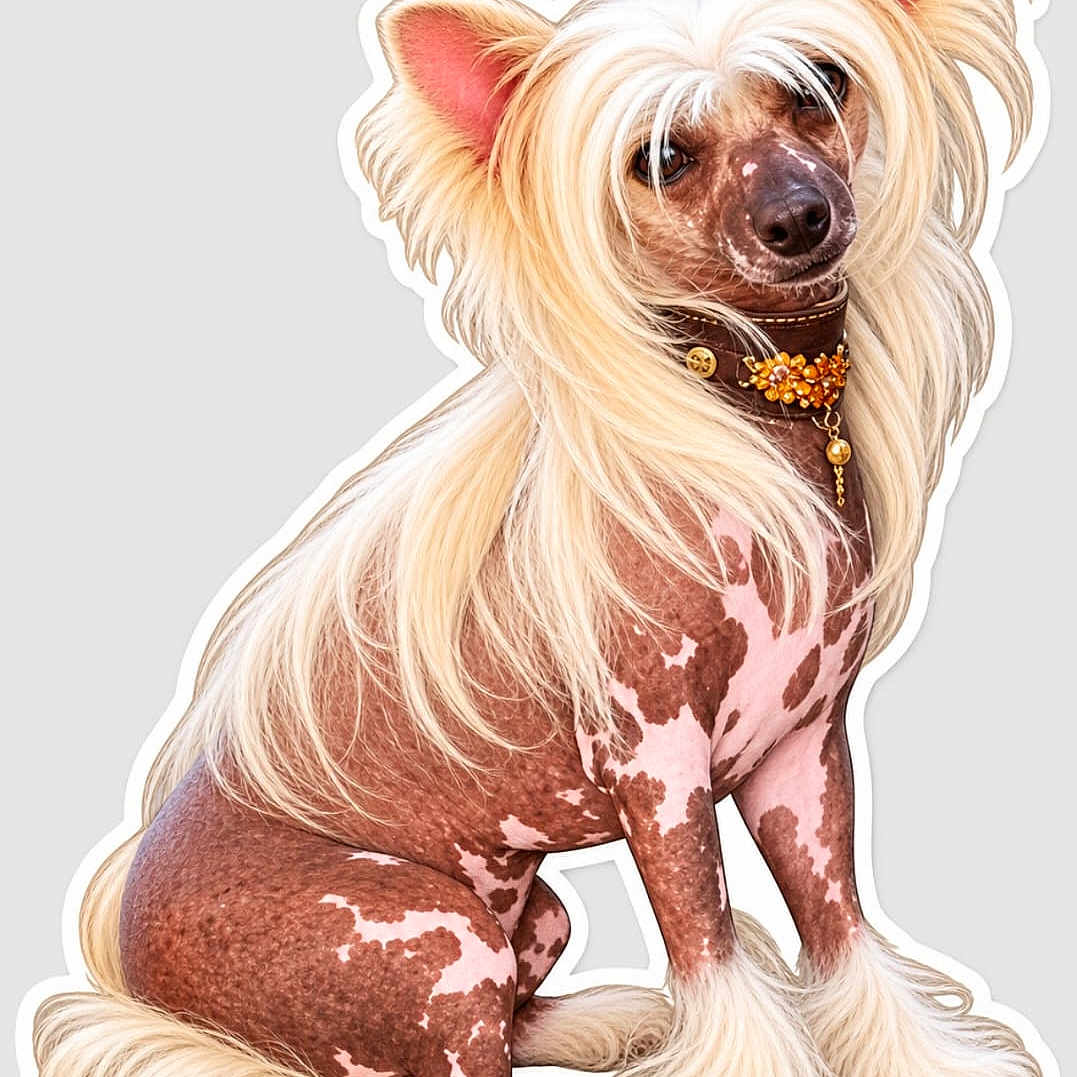 Pharaon a rejoint le concours — aidez-le/la à gagner de superbes lots ! dog, hairless_dog, long_hair, wig, costume, jewelry, collar, seated, portrait, pet, animal, canine, pink_skin, brown_spots, fluffy_tail, fluffy_legs, glamorous, sticker, illustration, studio_background