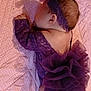 baby, infant, purple_outfit, headband, tutu, blanket, pink, polka_dot, sleeping, lying_down, soft_texture, cute, small, newborn, child, clothing, fabric, indoors, shadow, resting