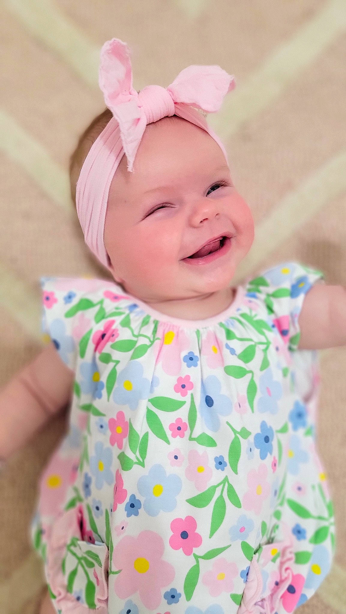 Vivian joined the competition — help win amazing prizes! baby, baby_laughing, baby_toddler_clothing, cap, child, clothing, costume_hat, dress, grass, happy, headband, headpiece, headwear, joy, magenta, pattern, person, pink, sleeve, smile