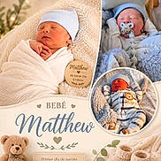 Matthew is registered to the contest to win money with this photo: baby, newborn, infant, swaddled, blanket, hat, pacifier, teddy_bear, baby_booties, soft_texture, sleeping, cute, portrait, collage, text_overlay, announcement, baby_clothes, striped_pajamas, cozy, child