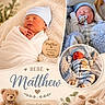 baby, newborn, infant, swaddled, blanket, hat, pacifier, teddy_bear, baby_booties, soft_texture, sleeping, cute, portrait, collage, text_overlay, announcement, baby_clothes, striped_pajamas, cozy, child
