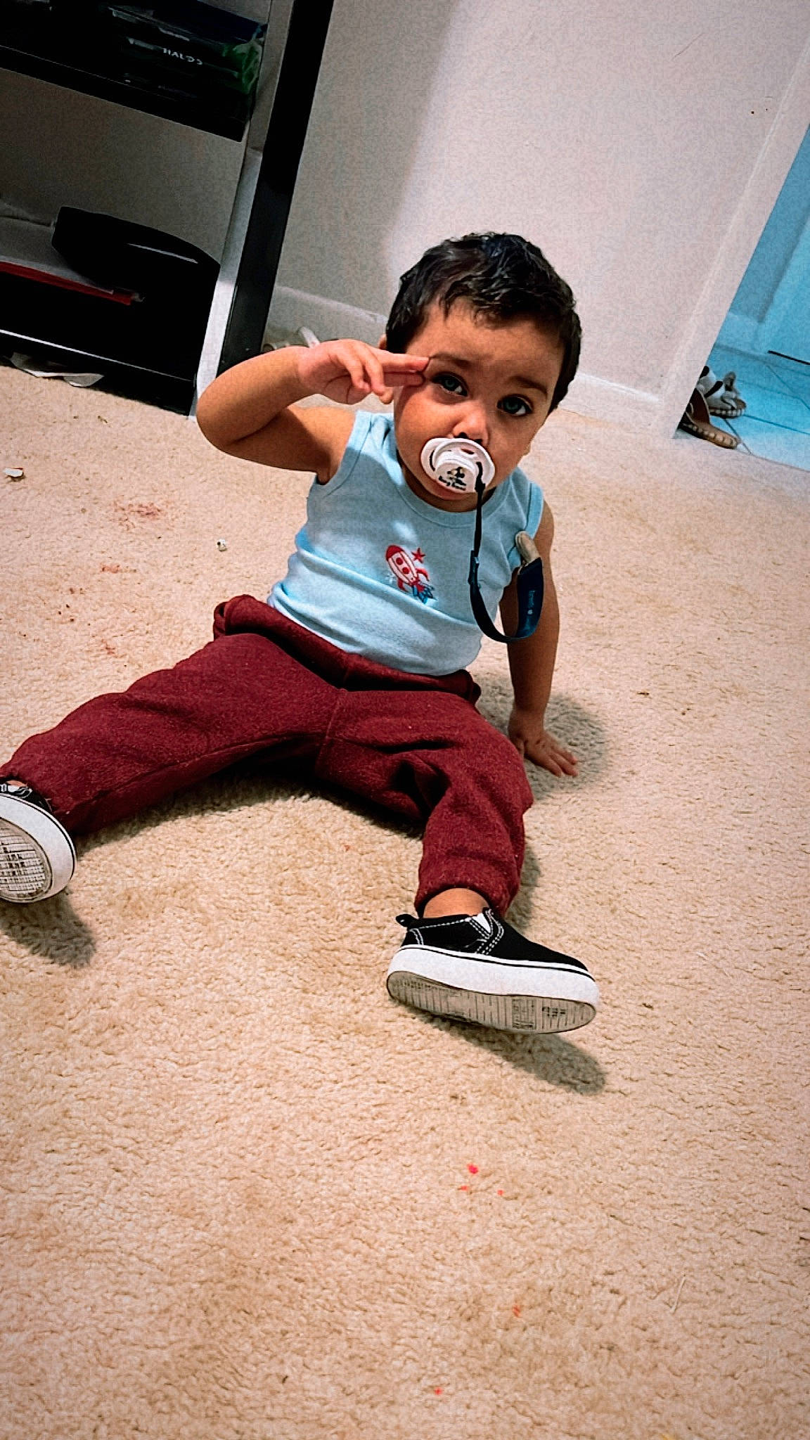 Kenai joined the competition — help win amazing prizes! baby_toddler_clothing, blue, computer_keyboard, elbow, flash_photography, floor, flooring, happy, head, human_leg, knee, leisure, outdoor_shoe, person, shorts, sleeve, sneakers, t_shirt, thigh, toddler