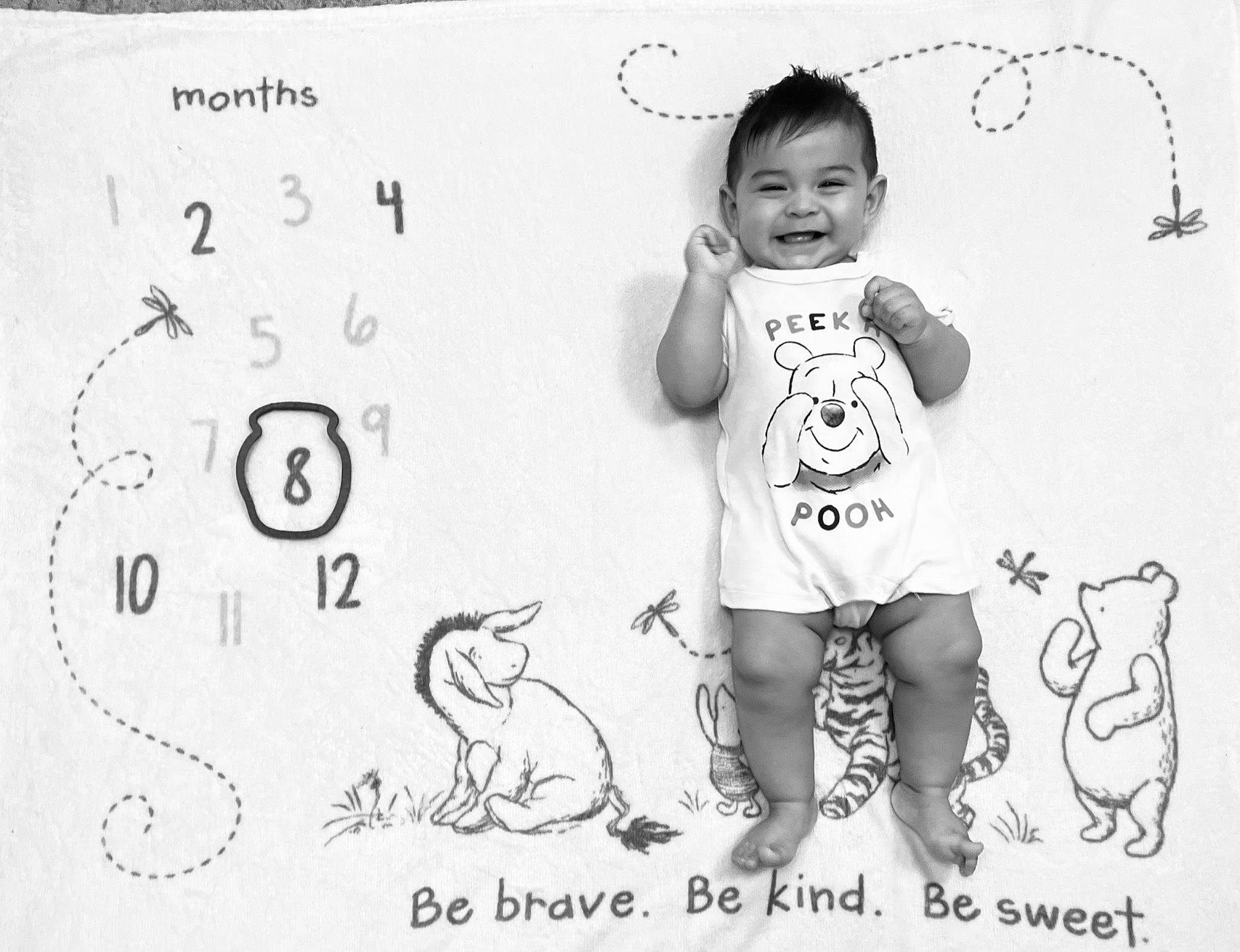Sebastian is registered to the contest to win money with this photo: arm, baby_toddler_clothing, black_and_white, child, facial_expression, font, gesture, hairstyle, happy, head, joy, mammal, monochrome, monochrome_photography, organ, pattern, person, sleeve, smile, style