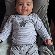 Kevin a rejoint le concours — aidez-le/la à gagner de superbes lots ! baby, infant, child, pajamas, star_pattern, blanket, soft_texture, striped_shirt, smile, portrait, indoors, comfort, lying_down, face, head, hands, cute, young_child, cozy, relaxed
