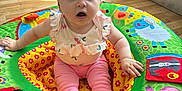 Tahlia is registered to the contest to win money with this photo: baby, child, headband, pink_clothing, play_mat, animal_print, floor, wooden_floor, furniture, chair, cardboard_box, indoors, curious_expression, blue_eyes, hand, sitting, soft_toys, colorful, daylight, home