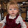 Tahlia is registered to the contest to win money with this photo: bar_stool, blond_hair, blue_eyes, cafe, child, clothing, curly_hair, cute, face, floral_pattern, high_chair, indoor, lighting, person, portrait, restaurant, toddler, velvet_dress, wooden_floor, young_child