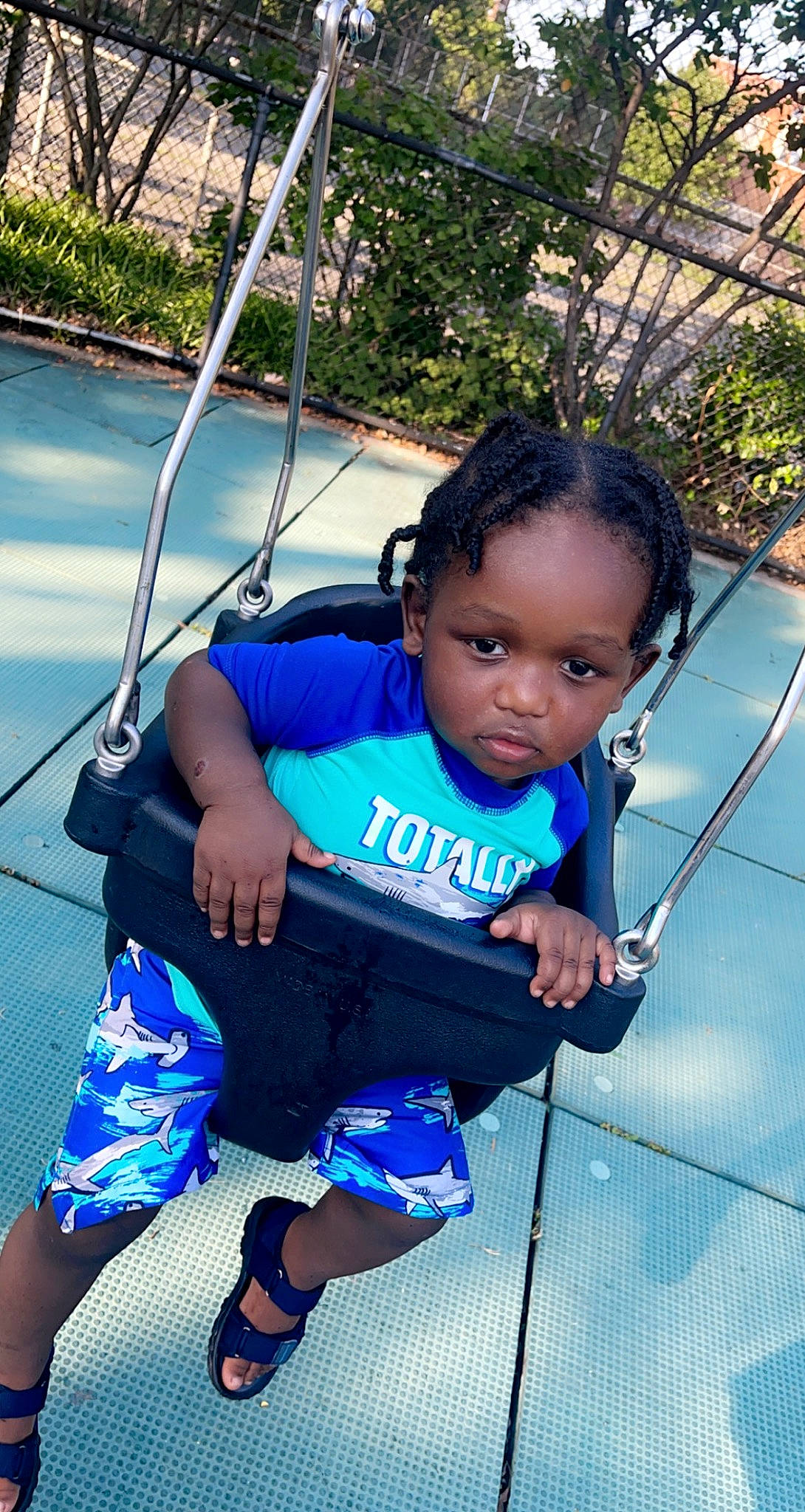 Shaheem is registered to the contest to win money with this photo: adventure, black_hair, child, city, electric_blue, fun, grass, happy, leisure, outdoor_play_equipment, person, plant, recreation, rope, sandal, sitting, swing, t_shirt, toddler, tree