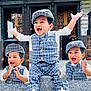 toddler, child, smiling, clapping, plaid_outfit, cap, sneakers, stone_ledge, outdoor, glass_roof, wooden_doors, happy, person, portrait, fashion, cute, playful, young_child, multiple_poses, daylight