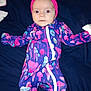 baby, bonnet, cap, clothing, coat, costume, dress, face, glove, hat, head, hood, longsleeve, pajamas, person, photography, portrait, purple, sleeve, velvet
