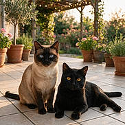 Bagheera Et Minou a rejoint le concours — aidez-le/la à gagner de superbes lots ! animals, black_cat, cat, companions, cute, flowers, garden, golden_hour, greenery, nature, outdoor, patio, pergola, pets, potted_plants, relaxing, siamese_cat, sunlight, tiles, twinkle_lights