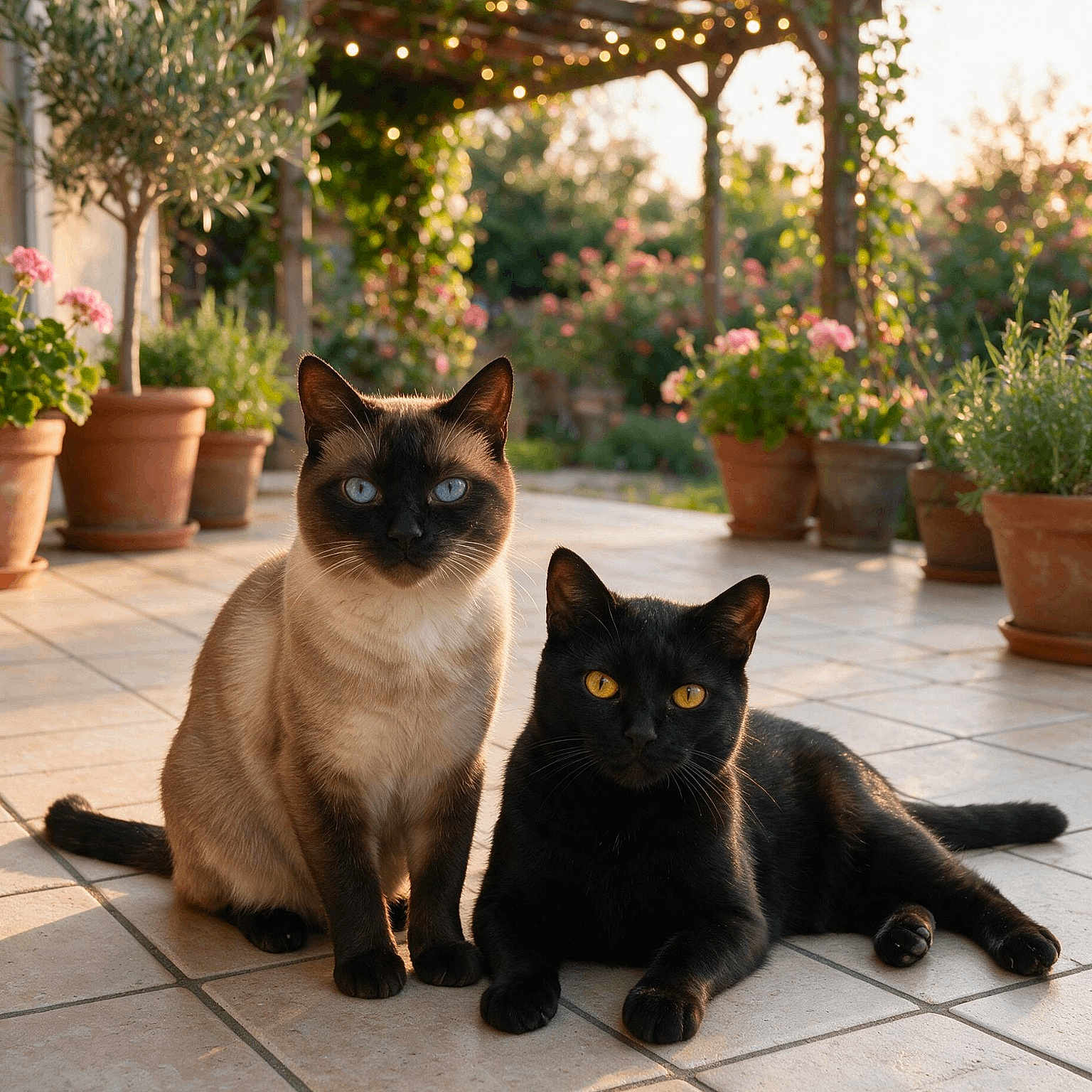Bagheera Et Minou a rejoint le concours — aidez-le/la à gagner de superbes lots ! animals, black_cat, cat, companions, cute, flowers, garden, golden_hour, greenery, nature, outdoor, patio, pergola, pets, potted_plants, relaxing, siamese_cat, sunlight, tiles, twinkle_lights