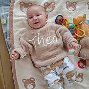 Theo is registered to the contest to win money with this photo: baby, child, smiling, blanket, knitted_sweater, name_on_clothing, animal_print, toys, pacifier, plush_toy, wooden_floor, plaid_blanket, cute, infant, happy, lying_down, soft_toys, warm_clothing, indoors, person