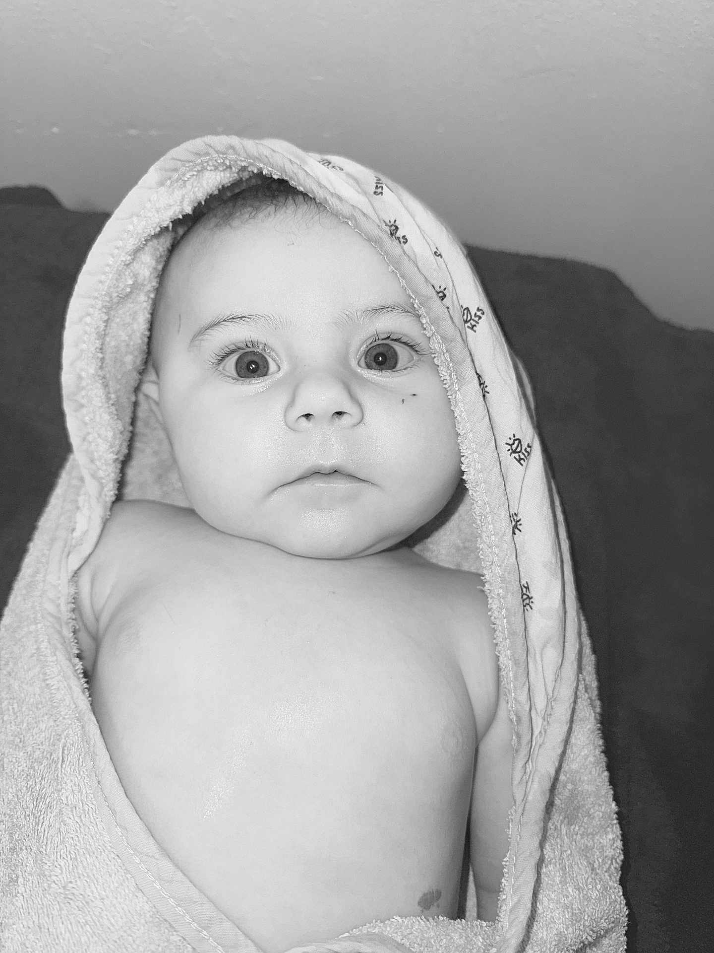 Anna a rejoint le concours — aidez-le/la à gagner de superbes lots ! baby, child, towel, hood, portrait, black_and_white, skin, face, eyes, expression, indoors, cute, curious, infant, closeup, newborn, soft, blanket, person, young_child