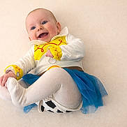 Léna participe au concours pour gagner de l'argent avec cette photo : baby, infant, smiling, blue_eyes, yellow_top, blue_tutu, white_tights, cow_print_diaper, laying_down, cute, playful, grabbing_foot, socks, portrait, soft_background, happy, child, studio_lighting, hand, foot