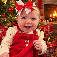 Jayda is registered to the contest to win money with this photo: baby, infant, child, smiling, bow_headband, red_outfit, candy_cane_motif, christmas_tree, christmas_ornament, presents, fireplace, cozy, festive, holiday, portrait, close_up, adorable, rosy_cheeks, sitting, celebration