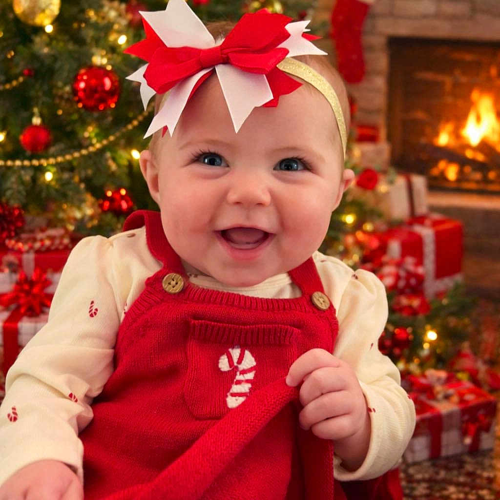 Jayda is registered to the contest to win money with this photo: baby, infant, child, smiling, bow_headband, red_outfit, candy_cane_motif, christmas_tree, christmas_ornament, presents, fireplace, cozy, festive, holiday, portrait, close_up, adorable, rosy_cheeks, sitting, celebration