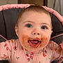 Jayda is registered to the contest to win money with this photo: baby, blue_eyes, drool, eating, eyelashes, face, floral_pattern, food, food_on_face, hands, happy, high_chair_tray, highchair, indoor, infant, mealtime, messy, pajamas, smile, stained_clothing