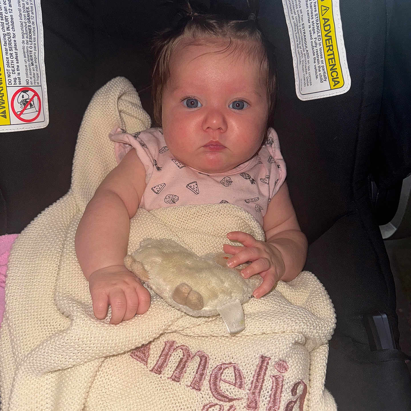 Amelia is registered to the contest to win money with this photo: baby, bed, blanket, bodypart, clothing, cushion, face, finger, furniture, hand, head, homedecor, newborn, person, photography, portrait, quilt, sleeping, t_shirt, text