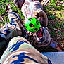 dog, playing, ball, green_ball, grass, outdoor, person, camouflage_pants, shoes, tongue_out, happy, pet, nature, leaves, fall, fun, lying_down, mouth_open, animal, companionship
